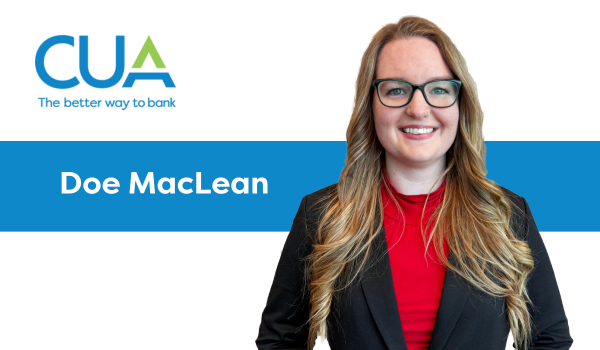 A smiling woman with glasses and a red shirt and black jacket with a blue bar behind her reading Doe MacLean and the CUA logo