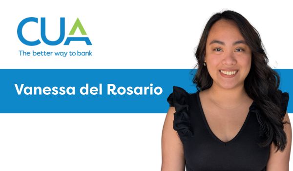 A white background with a blue bar and white text that says "Vanessa del Rosario" with a photo of her to the right and the CUA logo above