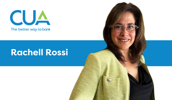 A headshot of a smiling woman wearing a green jacket and black blouse with the CUA logo above and text reading "Rachell Rossi" in white writing on a blue bar across the background