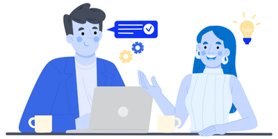 Two people are at a computer and a woman has her hand up speaking and a lightbulb next to her