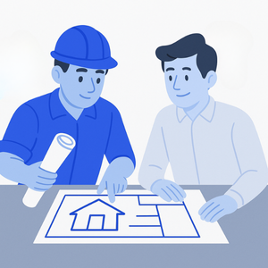 Two men look at a house plan one is wearing a construction hard hat and is pointing at the plan
