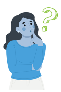 A woman has her arms folded and her hand on her mouth with a green question mark