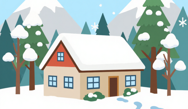 a beige home in a winter setting with a snowy roof