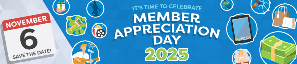 A blue background with white text saying Member Appreciation Day 2025 with a "November 6 Save the date" in the corner on a calendar icon. There are icons of cash, and prizes in bubbles