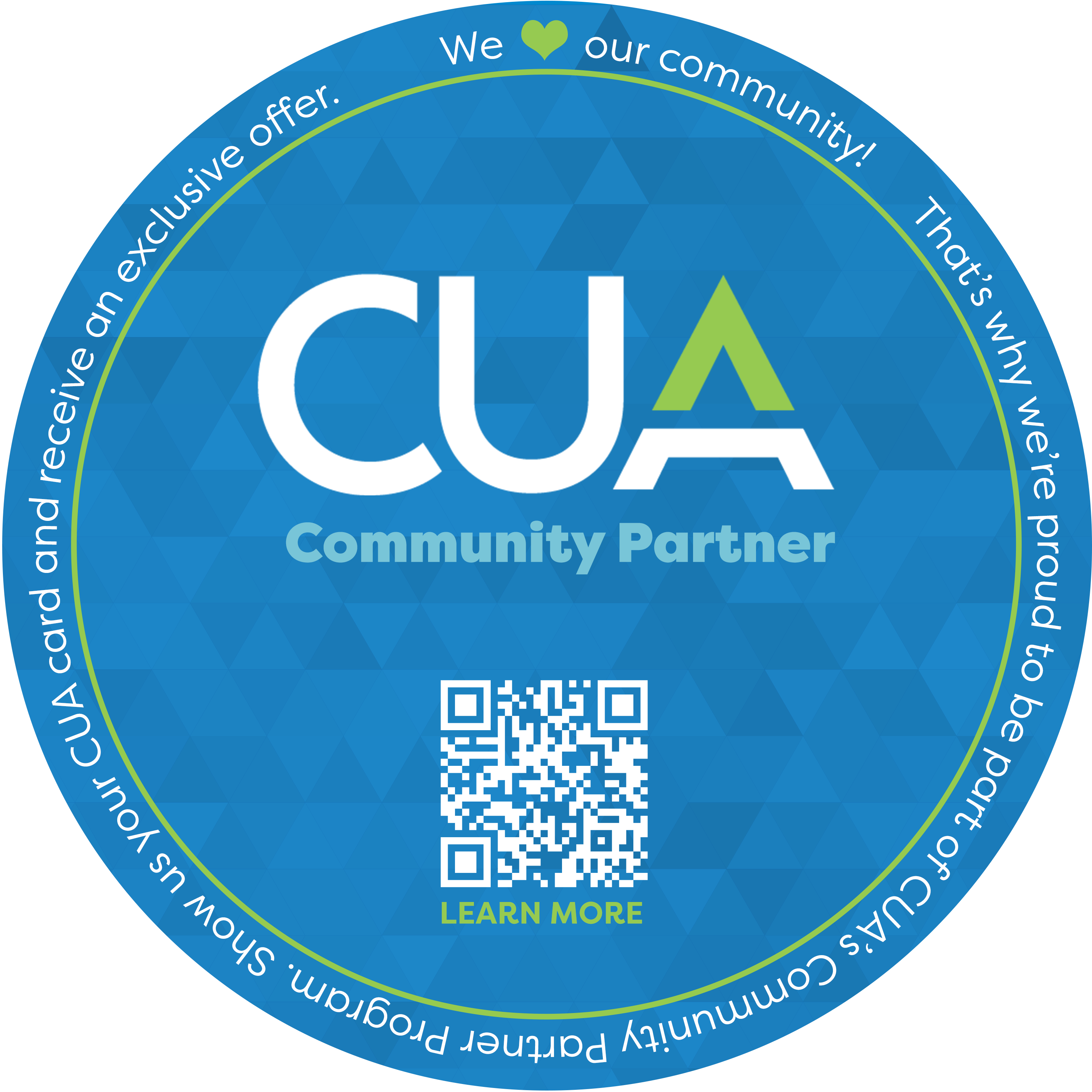 A blue circle with CUAs logo and Community Partner underneath with a QR code that says Learn More