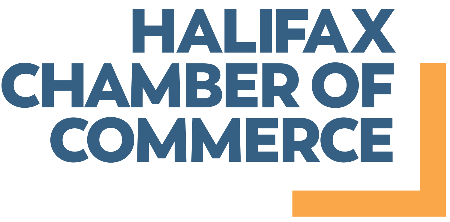Halifax Chamber of Commerce logo in navy blue text with an orange corner graphic on the right